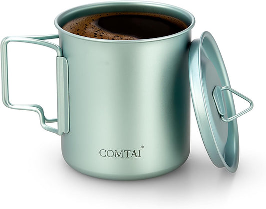 Titanium Camping Pot Mug 15oz (420ml) with Lid and Foldable Handle – Ultralight Camping Cup for Hiking, Backpacking, Outdoor Cooking, Cyan