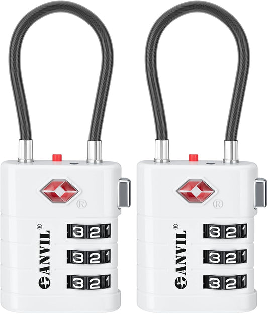 ANVIL TSA Approved Luggage Locks – High Security TSA008 Combination Travel Locks with Inspection Indicator for Suitcases and Backpacks. (2, White)