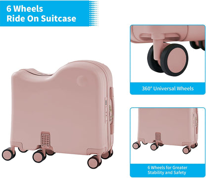 TABU Ride-on Luggage with Handbag for Kids，Hardshell Carry On Suitcase with Hidden Cup Holder, Foldable Pedal,Type-C & USB Interface, TSA Lock, 6-Spinner Wheels, Pink
