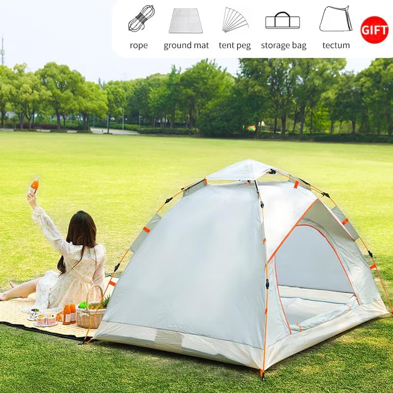 Fully Automatic Pop-Up Tent, 2-Person All-Weather Outdoor Tent with Double Doors, Mosquito Mesh, Water-Resistant Silver-Coated Fabric, and Wind-Proof Design for Easy Setup,White