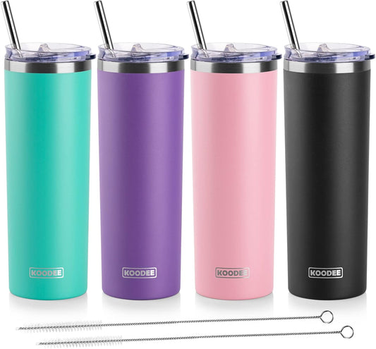 koodee 20 oz Stainless Steel Skinny Tumblers (4 Pack) Double Wall Insulated Water Tumbler Cup with Lids, Straws and Straw Brushes (Teal/Purple/Pink/Black)