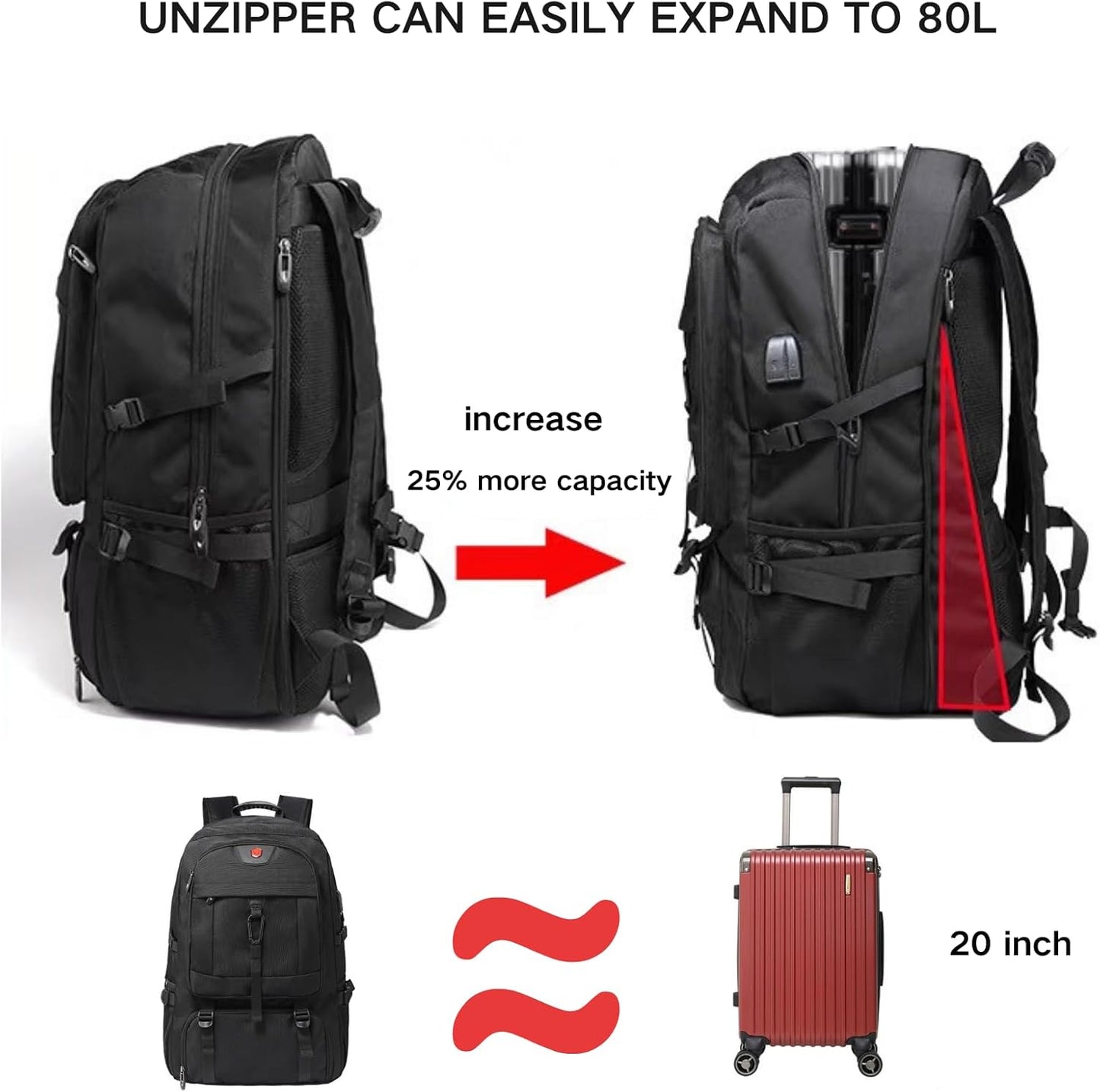 80L Travel Backpack, 18 Inch Laptop Backpack for Men Women, Waterproof Anti-Theft TSA Friendly Flight Approved with USB Interface & Shoe Compartment, Black