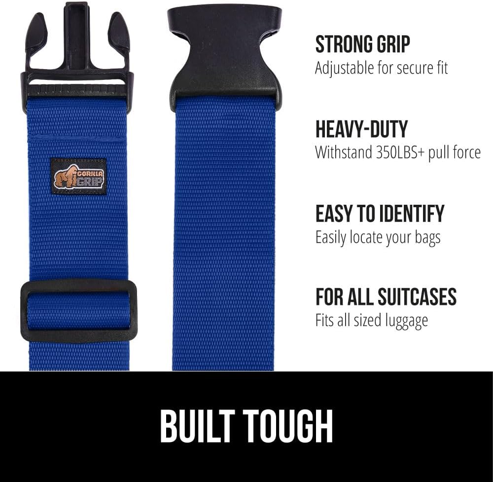 GORILLA GRIP Heavy Duty Adjustable Luggage Straps for Suitcases, Easy to Identify Travel Belt Connector Holds Suitcase Together, Extends Life of Bag, Strap Connects Two Bags, Accessories 2 Pack Blue