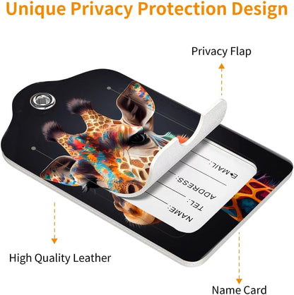 2 Pack Luggage Tag for Suitcase, Cute Unique Leather Bag Tags Identifiers Privacy Cover ID Label with Durable Steel Loop for Women Men Kids Girls Travel，GiraffeB