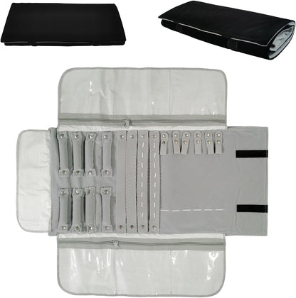 Velvet Travel Jewelry Case Roll Bag Organizer for Necklace Bracelet Earrings Ring (Black) (grey and black)
