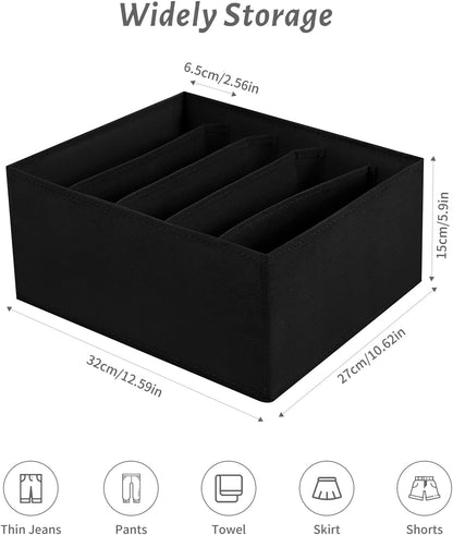 Jeans Drawer Organizers for Clothing, 5 Compartment Wardrobe Storage Box, Washable Clothes Organizer for Folded Clothes, Jeans, Pants, Leggings, t-shirts(Black)