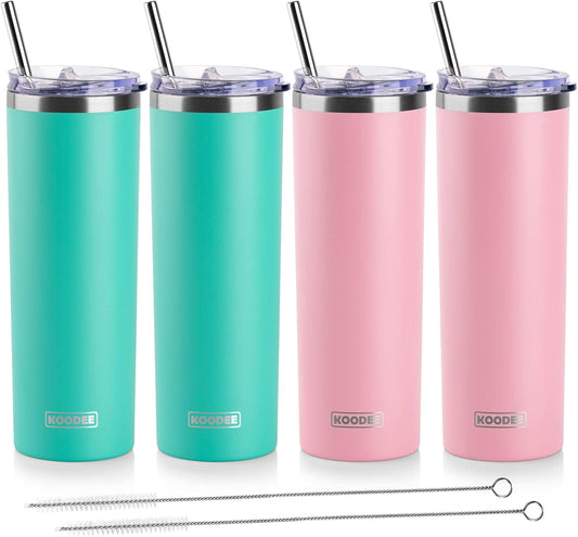 koodee 20 oz Stainless Steel Skinny Tumbler(4 Pack) Double Wall Insulated Water Tumbler Cup with Lids, Straws and Straw Brushe（Teal/2 Pack, Pink/2 Pack）