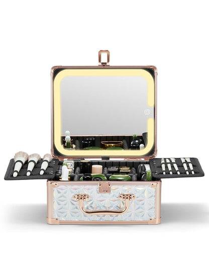 Qislee Makeup Box with A Detachable Lighted Mirror, Waterproof Travel Train Case, Cosmetic Organizer and Makeup Suitcase with Adjustable Dividers, Magnetic LED Mirror(Sparkling Blue)