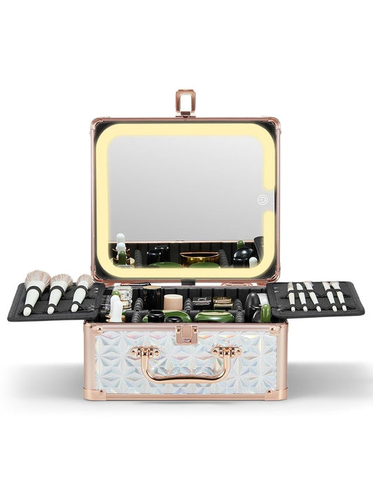 Qislee Makeup Box with A Detachable Lighted Mirror, Waterproof Travel Train Case, Cosmetic Organizer and Makeup Suitcase with Adjustable Dividers, Magnetic LED Mirror(Sparkling Blue)