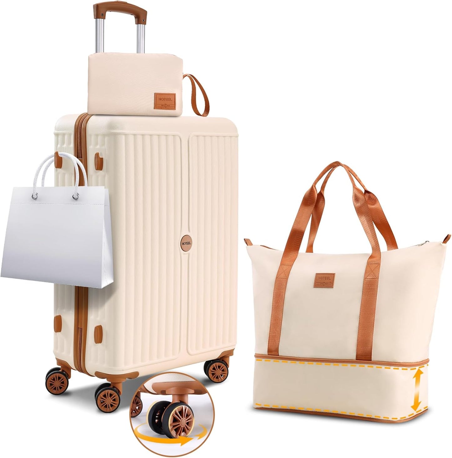 Hoteel 3 Piece Luggage Set with Spinner Wheels (4-YEAR WARRANTY), Carry on Luggage for Travel with TSA Lock, Hardshell ABS+PC Suitcase Set, 20" Suitcase + Expandable Duffel Bag + Cosmetic Bag(Beige)
