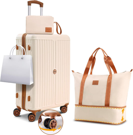 Hoteel 3 Piece Luggage Set with Spinner Wheels (4-YEAR WARRANTY), Carry on Luggage for Travel with TSA Lock, Hardshell ABS+PC Suitcase Set, 20" Suitcase + Expandable Duffel Bag + Cosmetic Bag(Beige)