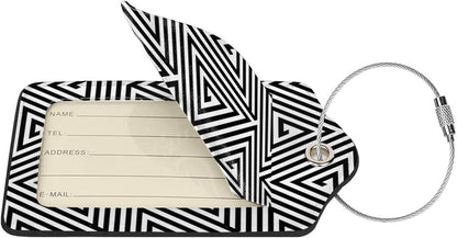 2 Pcs Black and White Abstract Patterns Luggage Tag for Suitcase, Seamless Geometric Triangles Birthday Gift, Steel Loop with Privacy Cover ID Label