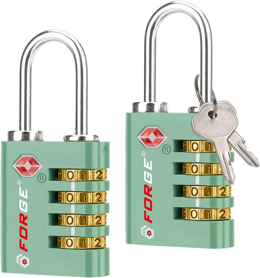 Forge Dual-Opening: Key or Combination Access Lock, TSA Approved Locks for Luggage, Pelican case, Travel, Gym, School, Stainless Steel Shackle. (Green, 2 Pk)