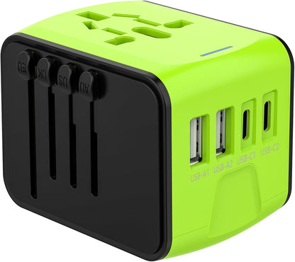 JMFONE International Travel Adapter 2 USB-C & 2 USB-A Ports and Multi AC Sockets,Universal Power Adapter Worldwide All in One High Speed 2.4A Perfect for 200+ Countries (Green)