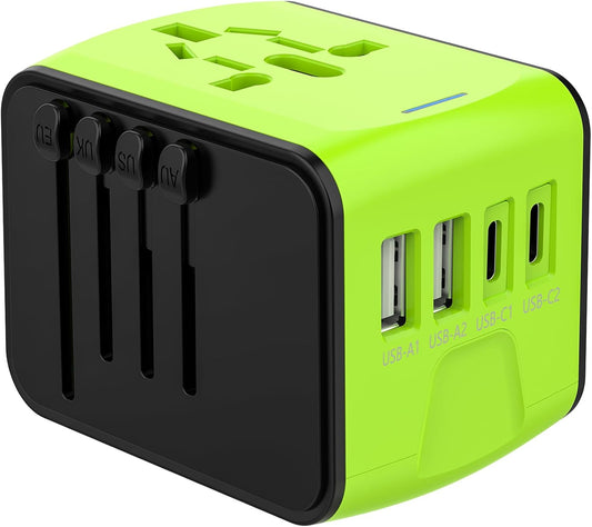 JMFONE International Travel Adapter 2 USB-C & 2 USB-A Ports and Multi AC Sockets,Universal Power Adapter Worldwide All in One High Speed 2.4A Perfect for 200+ Countries (Green)