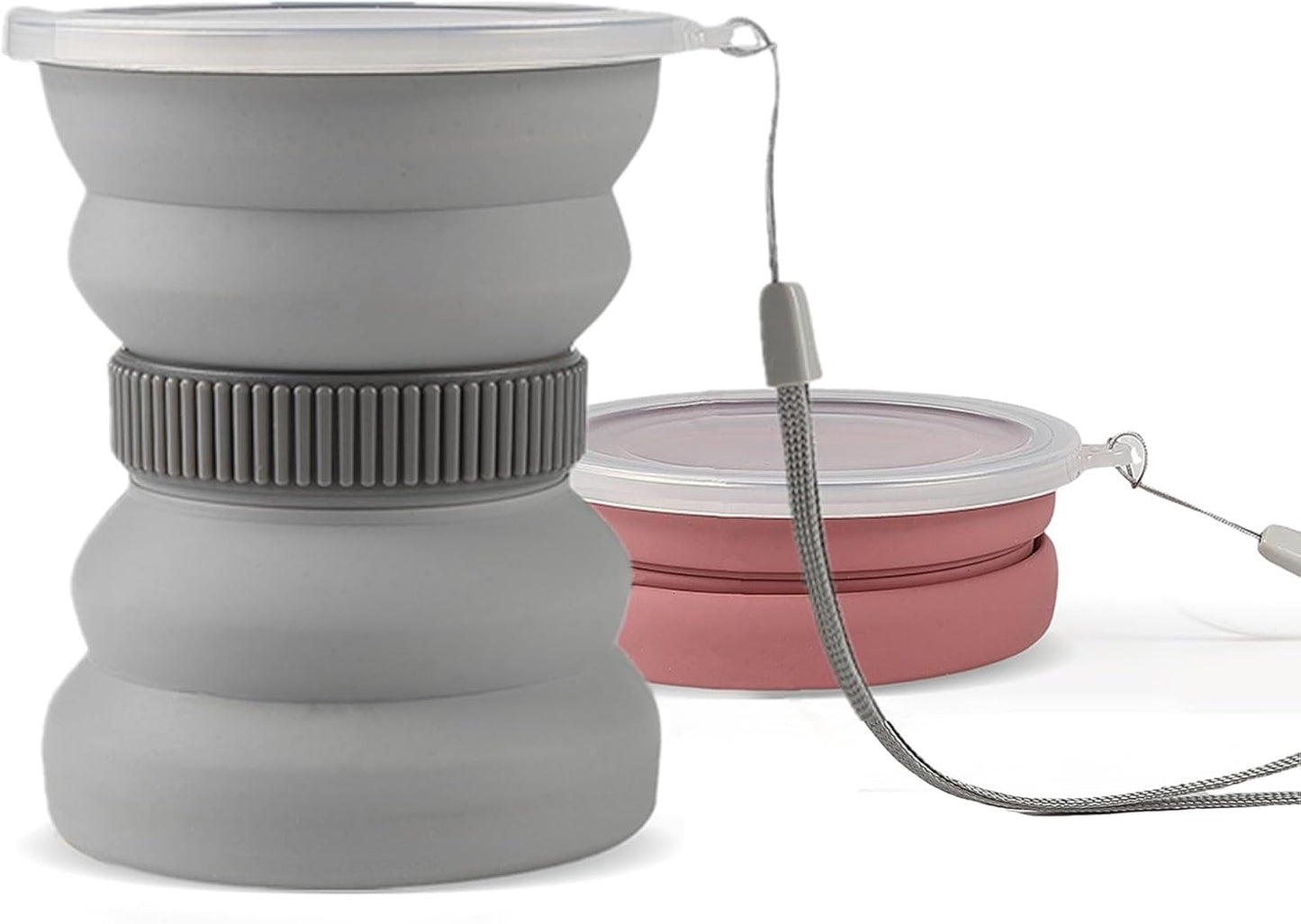 IYYI Collapsible Travel Cup, 10.5 OZ Foldable Cup with Lid, Silicone Folding Cups for Camping, Hiking, Outdoors, Travel, Portable Camping Mug (Pink+Gray)