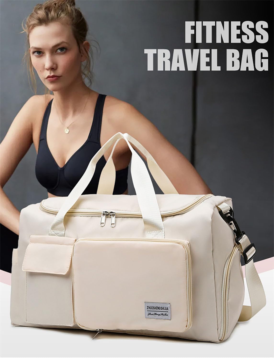 Multipurpose 20L Foldable Duffel Bag Gym Yoga Bag Carry-On Shopping Sack Travel Organizer Cabin Bag Sundry Package Wet&Dry Compartment (Beige)