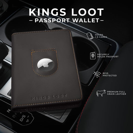 Kings Loot Passport Holder Wallet | RFID Blocking Leather Travel Wallet with Built-in Airtag Holder | Holds 1-6 Cards & Passport | Easy Pull Tab | Travel Wallets (Truffle)