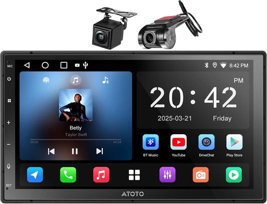 A5L Android Double Din Car Stereo with Backup Camera & DVR Dashcam, 7 Inch Wireless CarPlay Android Auto, AI-Chat, GPS Navigation, Wi-Fi/BT/USB, 24 EQ DSP, 2G+32G