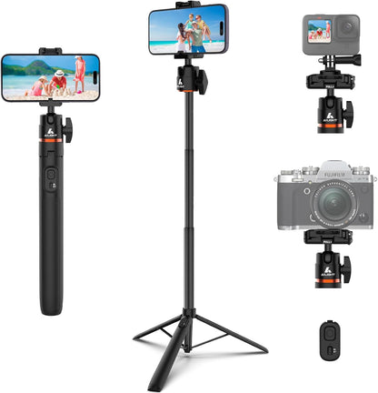 Ailight 60" Extendable Travel Tripod & Selfie Stick with Cold Shoe & Wireless Remote, 360° Ball Head for Vlogging - Lightweight Phone Tripod for iPhone