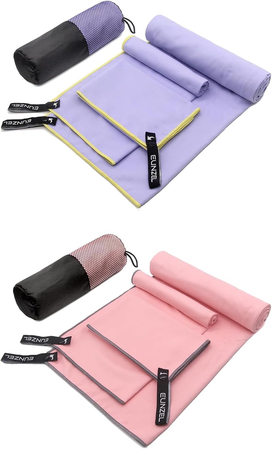 Eunzel 2 Pack Quick Dry Camping Towel, Microfiber Travel Towel 3 Size at 1 Pack,Fast Drying Towel Set for Camping, Beach, Gym, Sports, Yoga & Swimming Pool, Pink/Taro Purple