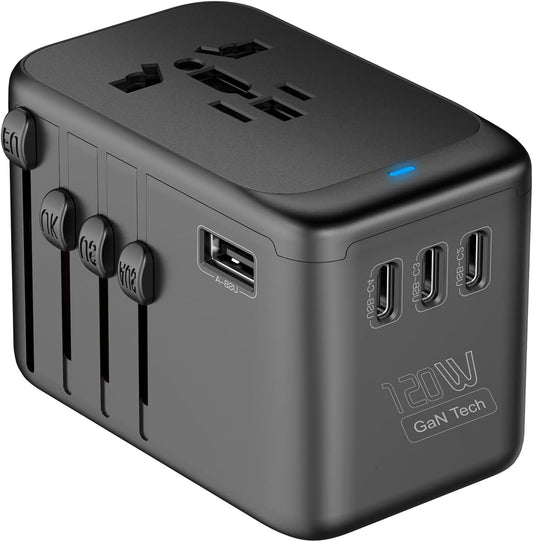 JMFONE Universal Travel Adapter with GaN 120W,International Power Adapter with 4 USB-C+1 USB-A Charging Ports, Worldwide Outlet for US to European Europe UK AUS