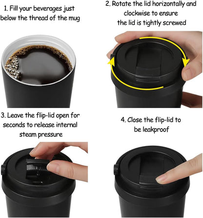 Funkrin Insulated Coffee Mug with Ceramic Coating, 16oz Iced Coffee Tumbler Cup with Flip Lid and Handle, Double Wall Vacuum Leak-Proof Travel Mug for Office School Party Camping