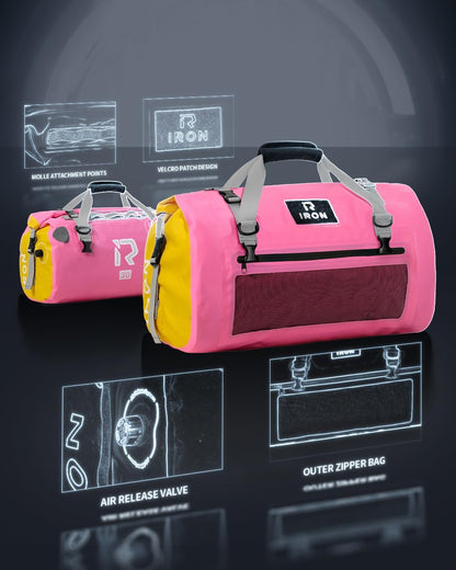 IRON JIA'S Motorcycle Dry Bag - Waterproof Duffle & Luggage Tail Bag Saddle Bags with Roll Top Closure, Shoulder Straps, Inner Pocket and Mesh Pocket (Pink, 50L)