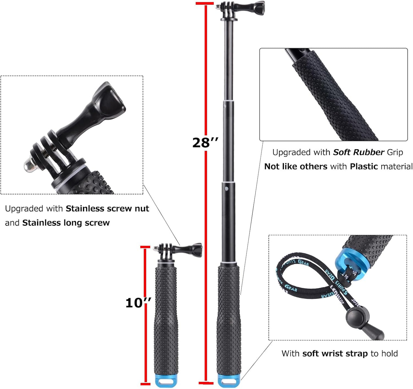 28” Extension Selfie Stick Compact Handle Grip Adjustable Pole Waterproof Monopod Accessories Compatible with GoPro Hero 13 12 11 10 9 8 7 6 Insta360 AKASO DJI Osmo Action Camera and More