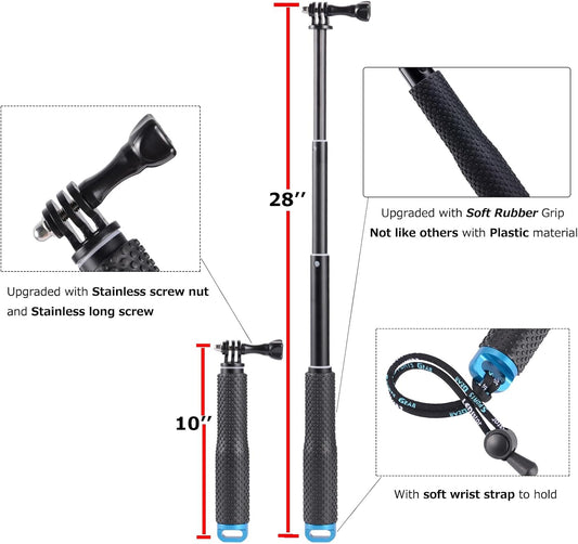 28” Extension Selfie Stick Compact Handle Grip Adjustable Pole Waterproof Monopod Accessories Compatible with GoPro Hero 13 12 11 10 9 8 7 6 Insta360 AKASO DJI Osmo Action Camera and More