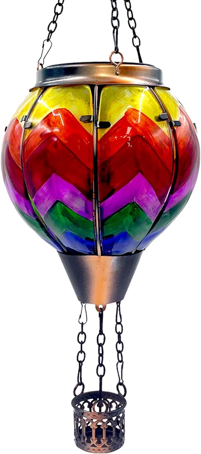 Hot Air Balloon Solar Lantern with Flickering Flame Light Glass Hanging Solar Lanterns Outdoor Waterproof for Garden Tree Yard Patio Party Decor, Color-Wave