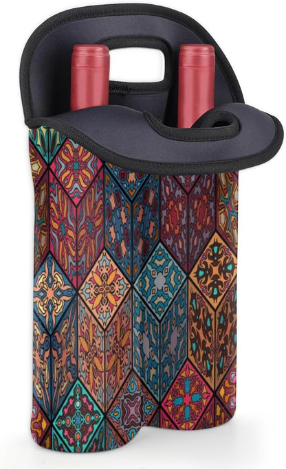 Square Mandala 2 Bottle Wine Carrier Tote Bag Insulated Wine Bottles Neoprene Bag with Secure Carry Handle Portable Wine Cooler Bag for Travel Picnic Beach