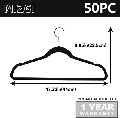 MIZGI Premium All Black Velvet Hangers with Black Hooks (50 Pack) Heavy Duty - Non Slip Felt Hangers - 360 Degree Swivel,Space Saving Clothes Hangers,Durable Strong Hanger for Suits,Coat