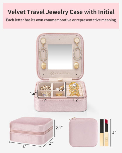 Vlando Velvet Travel Jewelry Case, Jewelry Travel Box for Women, Travel Jewelry Organizer, Small, Portable Jewelry Boxes with Mirror - Pink