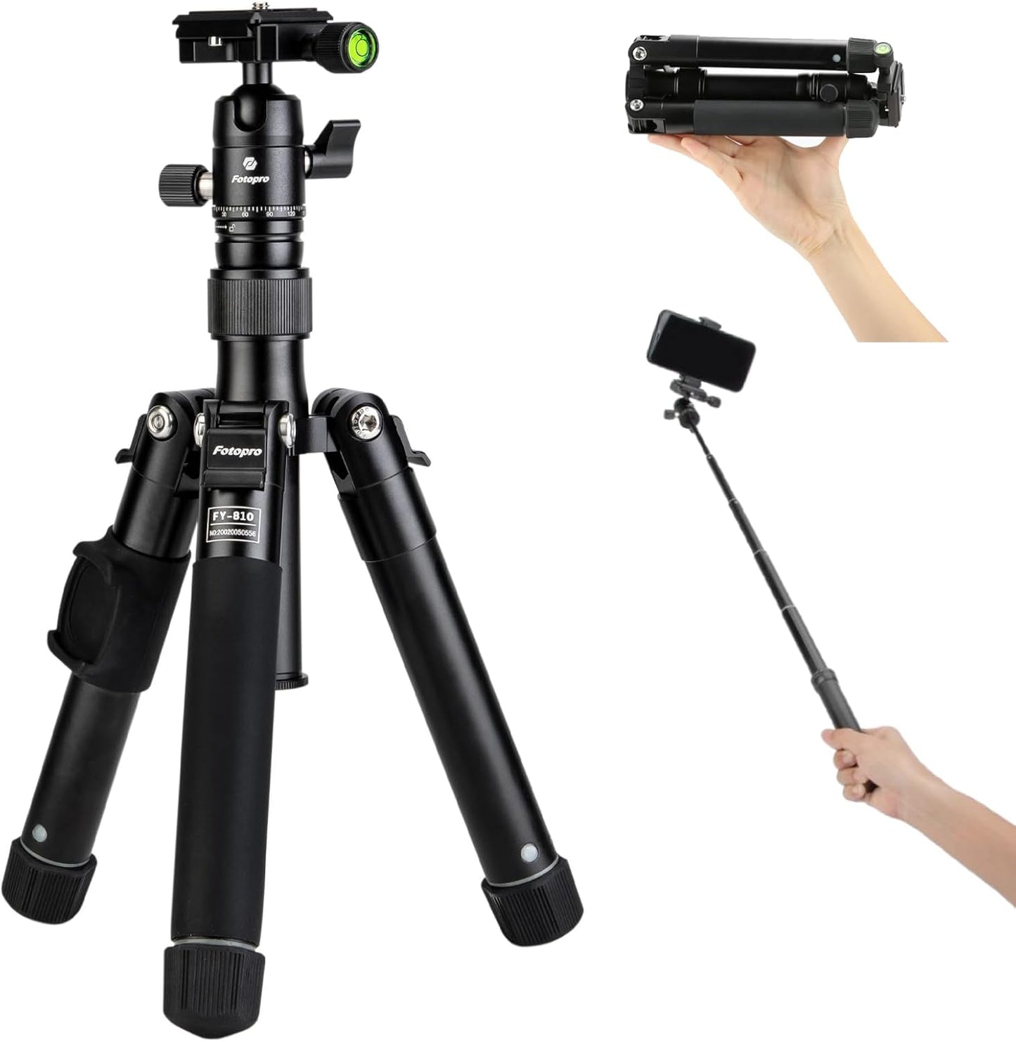Fotopro Mini Tripod with Ball Head, Phone Mount Detachable Selfie Stick, Folded only 8.6", Max Load up to 6.6 lbs. FY-810 Black