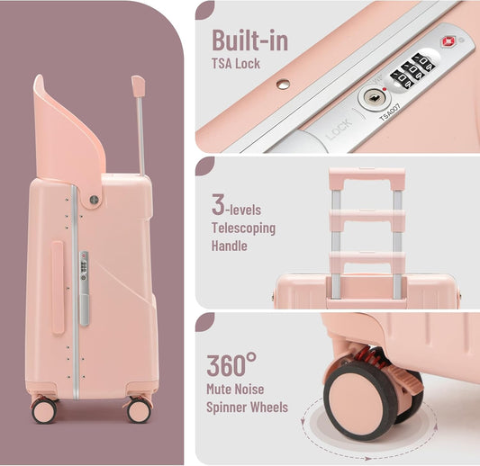 20 Inch Carry On TSA Lock Luggage for Kids& Adult,Lockable Spinner Wheels Free Luggage Cover and Safety Seatbelt Travel Suitcase (Carry-On TSA Luggage with Child Seat Pink)