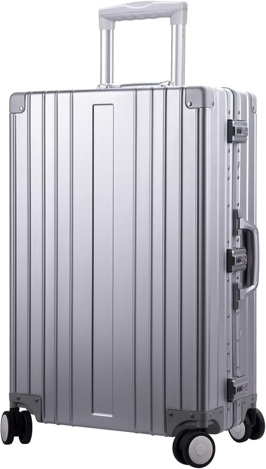 TRAVELKING All Aluminum Luggage Zipperless Hard Shell Luggage Case with TSA Lock Spinner Alloy Metal Suitcase (Silver, 24")