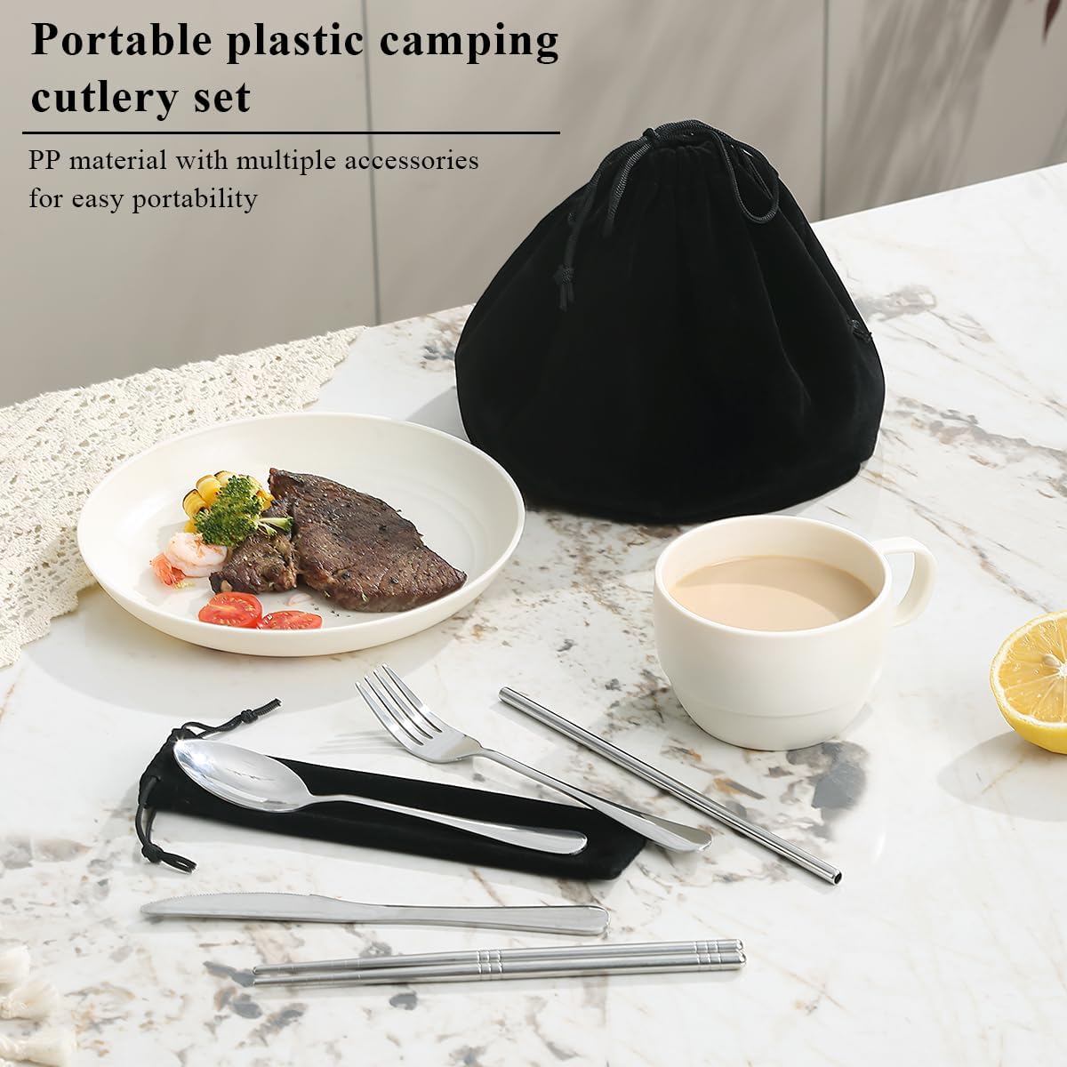 Camping Essentials Set, HOMQUEN Camping Plates and Bowls Set, Coffee Mug, Travel Cutlery Set Include Spoon, Fork, Knife for Work, Outdoor,Picnic, Camp （White）