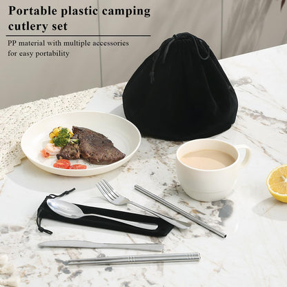 Camping Essentials Set, HOMQUEN Camping Plates and Bowls Set, Coffee Mug, Travel Cutlery Set Include Spoon, Fork, Knife for Work, Outdoor,Picnic, Camp （White）