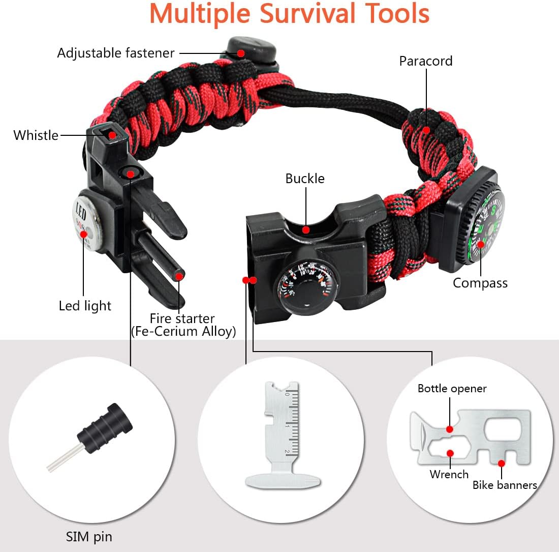 20 in 1 Survival Paracord Bracelet Adjustable Gear Kit with SOS LED Light, Fire Starter, Bigger Compass, Survival Whistle, Perfect for Camping, Hiking, Fishing