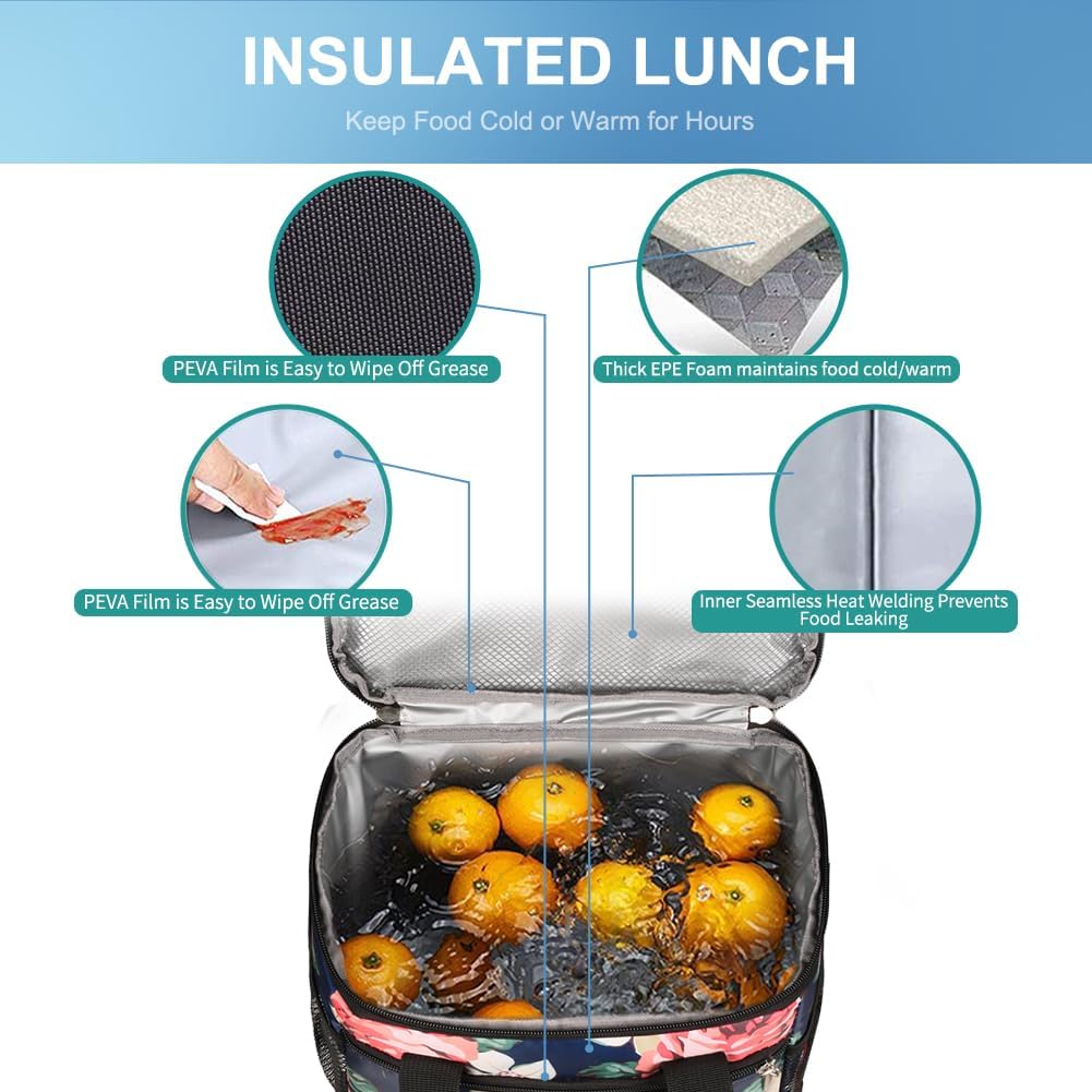 iknoe Large Foldable Cooler Bag, 8.5L Insulated Lunch Bag, Leakproof Lunch Cooler Tote with Multi-Bag Design Suitable for Beach, Picnic and Office Use, Flower 15-Can