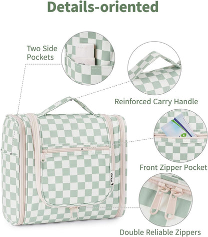 Narwey Checked Hanging Travel Toiletry Bag for Women, Travel Bag for Toiletries, Makeup Bag Organizer Cosmetic Bags Make Up Bags for Women (Mint Green Checkerboard)