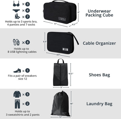 7 Set Compression Packing Cubes for Travel - Compressible, Lightweight, and Space-Saving Packing Cubes, Travel Essentials for Women, Black