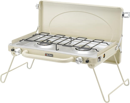 ONLYFIRE OUTDOOR LIVING Portable Camping stove 2-Burner, Propane Gas Stove with Foldable Legs, Camp Stove for Camping, Patio, Backyard, Picnic, Tailgating, RV, BBQ, GS331 Off-white