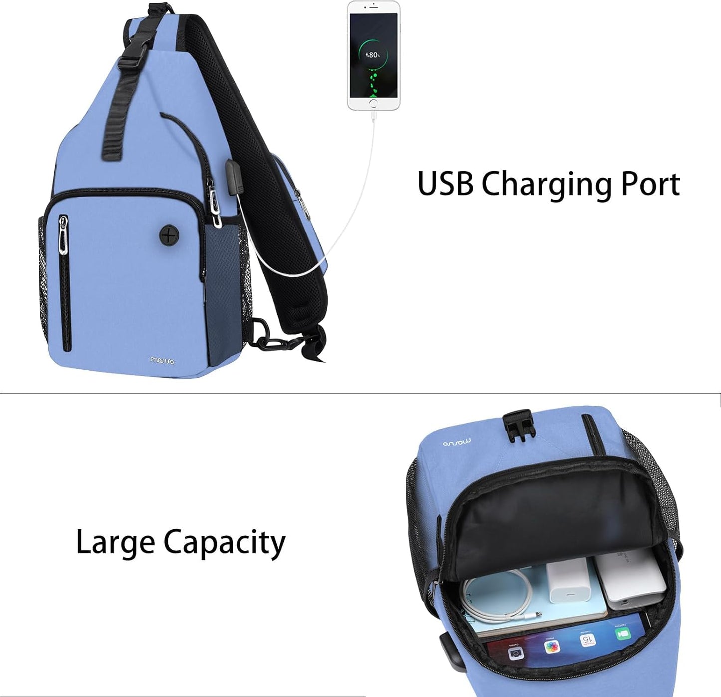 MOSISO Sling Backpack Bag, Crossbody Shoulder Bag Travel Hiking Daypack Chest Bag with Front Square Pocket&USB Charging Port