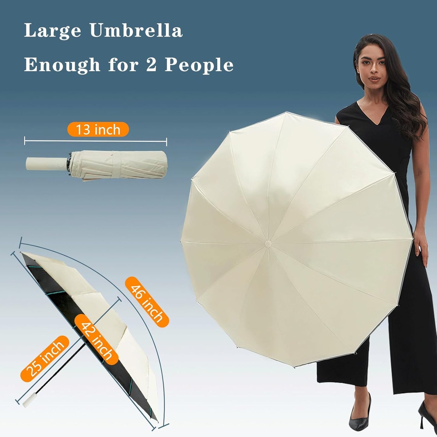 Large Double-Ribs Umbrella Automatic Folding Umbrella for Women Men, Travel, UPF 50+ UV Protection