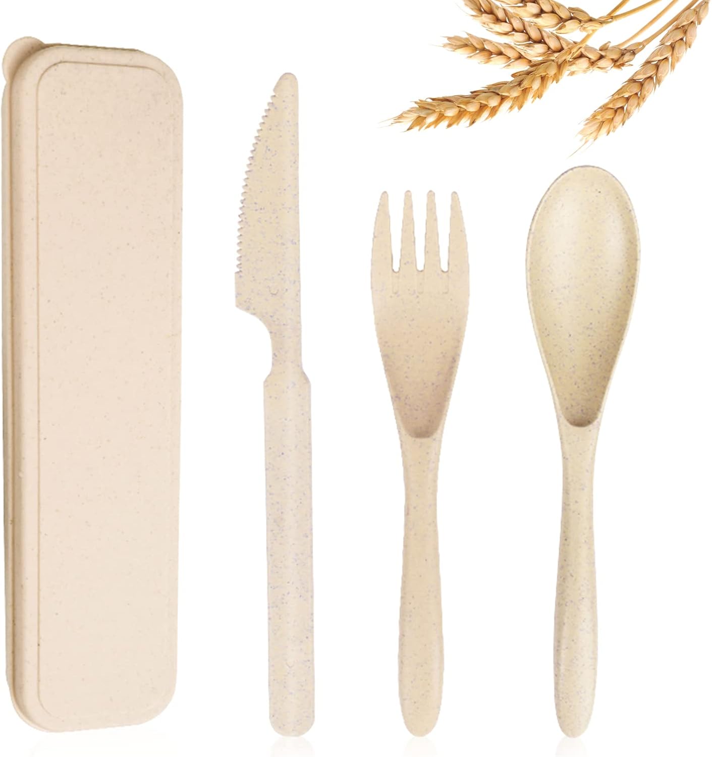 Reusable Travel Utensils Set with Case, Beige Wheat Straw Portable Knife Fork Spoons Tableware, Eco-Friendly BPA Free Cutlery for Kids and Adults as Travel Picnic Camping Utensils
