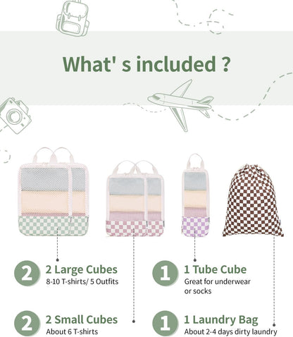 Narwey 6 Set Compression Packing Cubes for Travel Kids Women Carry on, Packing Organizers Bag for Backpack Luggage Suitcase Duffle Bags