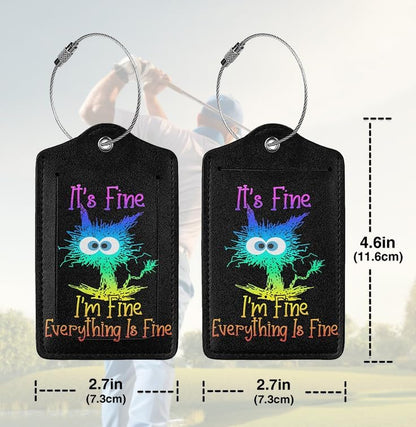 2 Pack Luggage Tags for suitcases Cute Funny I'm Fine It's Fine Color Luggage Tag, Leather Stainless Steel Loop Label Tag for Men Women Travel Bag Suitcase（Black Laser）