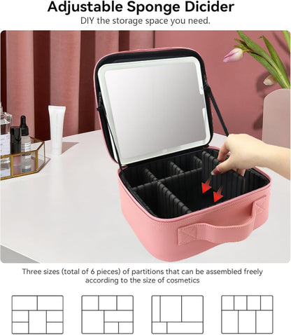 Travel Makeup Bag with LED Mirror with 3 Lighted Settings, Adjustable Dividers, Makeup Brush Storage Bag and Jewelry Case Pink